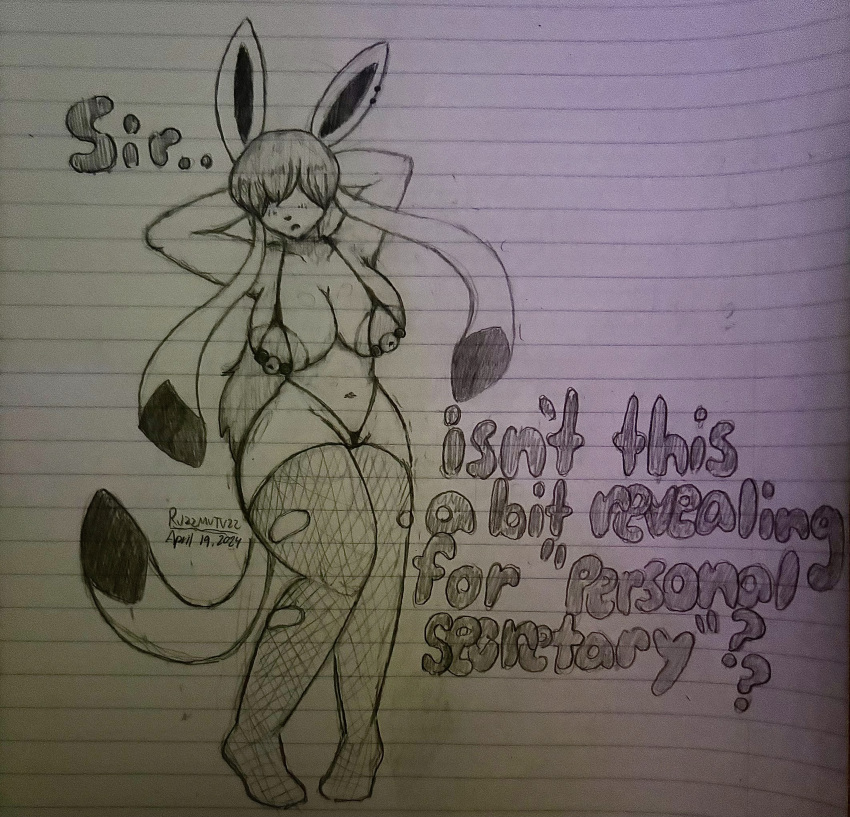 absurd_res anthro areola aria_(rvzzmvtvzz) bra breasts clothed clothing dialogue ear_piercing eeveelution exposed_breasts female fishnet_clothing fishnet_legwear generation_4_pokemon genitals glaceon hands_behind_head hi_res legwear navel nintendo nipple_piercing nipples panties piercing pointless_clothing pokemon pokemon_(species) pussy pussy_floss question_mark rvzzmvtvzz solo text torn_clothing underwear