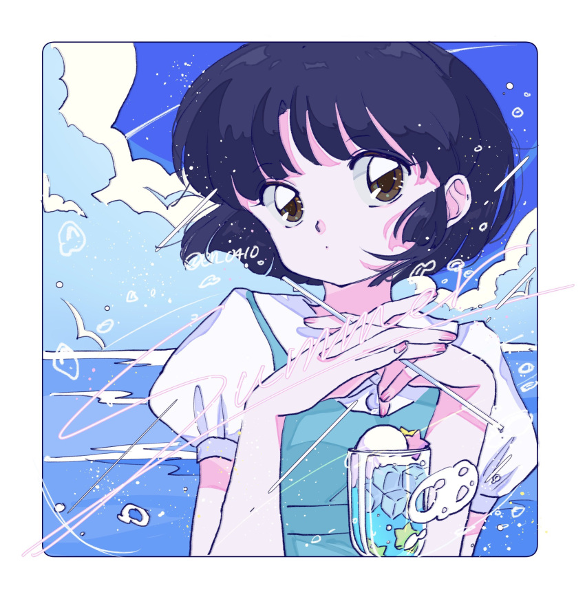 1girl blue_hair cloud cloudy_sky en_0410 fuurinkan_high_school_uniform highres ice ice_cube nail_polish ranma_1/2 retro_artstyle school_uniform short_hair sky solo tendou_akane water