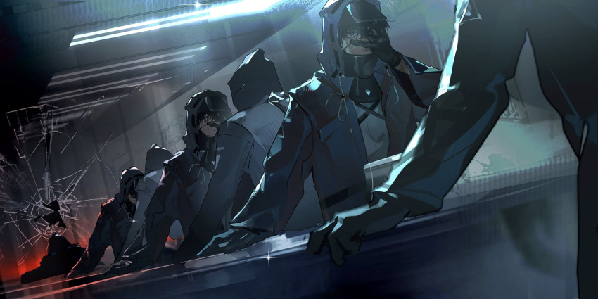 1boy akai_999 arknights black_gloves black_hair black_jacket broken_mirror closed_mouth coat doctor_(arknights) gloves grey_eyes hand_on_own_face highres hood hooded_jacket indoors jacket lab_coat lamp looking_at_mirror mirror shirt solo_focus standing white_shirt