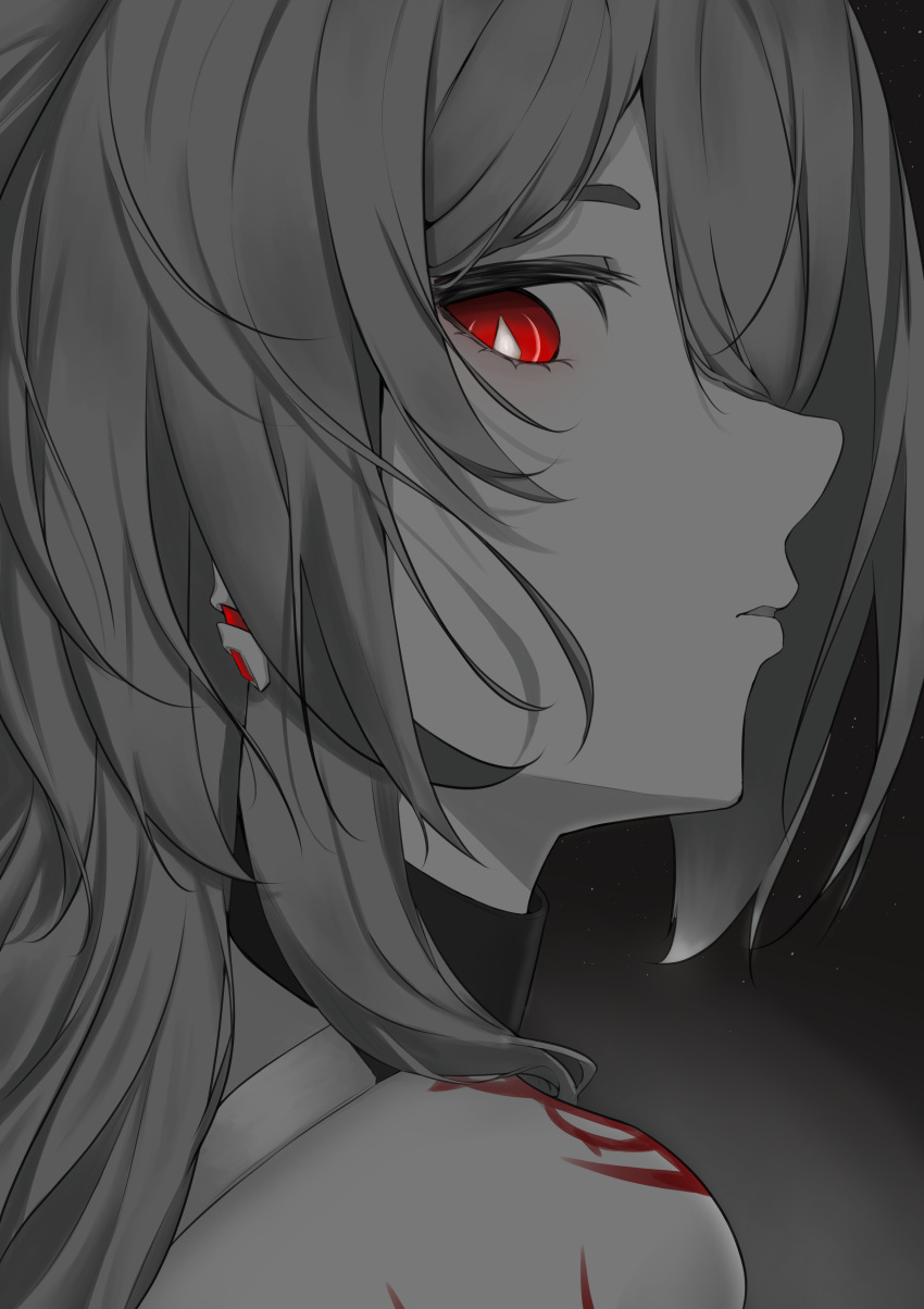 1girl absurdres acheron_(honkai:_star_rail) black_choker body_markings bright_pupils choker earrings grey_background greyscale highres honkai:_star_rail honkai_(series) jewelry long_hair looking_at_viewer markings monochrome parted_lips portrait red_eyes solo spot_color white_pupils yems