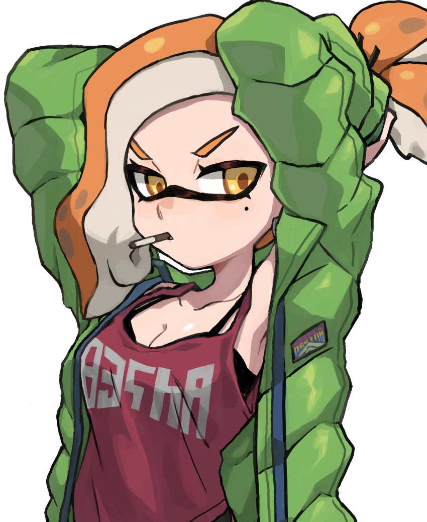 1girl absurdres breasts cigarette cleavage collarbone commentary green_jacket highres ikachan_pochan inkling inkling_girl inkling_player_character jacket medium_hair mole mole_under_eye open_clothes open_jacket orange_hair print_tank_top red_tank_top short_ponytail simple_background solo splatoon_(series) splatoon_3 symbol-only_commentary tank_top tentacle_hair upper_body v-shaped_eyebrows white_background yellow_eyes