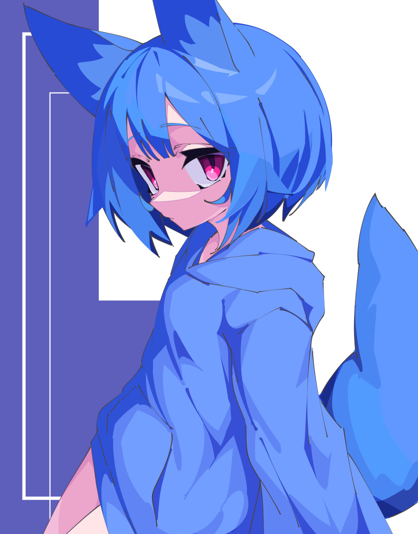 1girl absurdres animal_ear_fluff animal_ears arms_at_sides blue_hair blue_hoodie closed_mouth fox_ears fox_girl fox_tail from_side highres hood hoodie looking_at_viewer miya_(myakuro) myakuro original purple_eyes short_hair slit_pupils solo tail upper_body