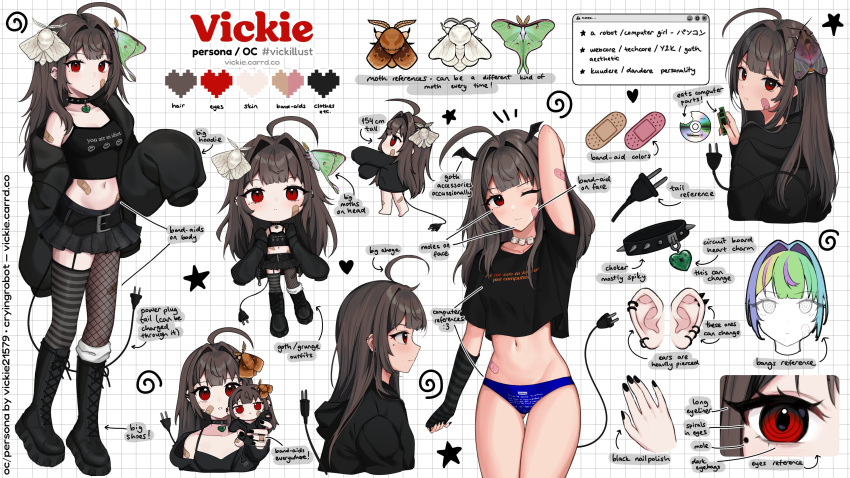 1girl :o :t absurdres ahoge arm_up artist_name ass_visible_through_thighs asymmetrical_legwear bandaid bandaid_on_arm bandaid_on_hand bandaid_on_stomach bandaid_on_thigh belt black_belt black_choker black_footwear black_hoodie black_nails black_skirt blue_panties boots breasts brown_hair bug cd character_name chibi choker cleavage close-up closed_mouth collarbone cowboy_shot cross-laced_footwear deformed doll earrings eating electric_plug electric_plug_tail english_commentary english_text facing_to_the_side full_body groin hand_up head_tilt heart heart_choker highres holding holding_doll hood hoodie hoop_earrings horizontal-striped_thighhighs jewelry knee_boots lace-up_boots long_hair looking_at_viewer looking_back looking_to_the_side luna_moth mismatched_legwear mole mole_under_eye mole_under_mouth moth multiple_views navel one_eye_closed original panties parted_lips pleated_skirt red_eyes reference_sheet ringed_eyes single_bare_shoulder skirt spiked_choker spikes standing star_(symbol) sticker stomach tail_raised thighs underwear uneven_legwear vickie_(cryingrobot) vickie_(cryingrobot)_(character) white_background