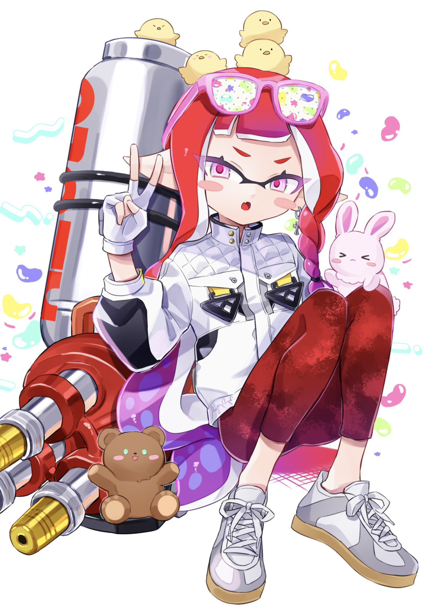 &gt;_&lt; 1girl bear bird chick cross-laced_footwear fang full_body gradient_hair highres hydra_splatling_(splatoon) inkling inkling_girl inkling_player_character jacket long_hair multicolored_hair open_mouth pants pink_eyes pink_fur pink_hair pointy_ears psya_ma rabbit red_hair red_pants shoes sitting skin_fang solo splatoon_(series) tentacle_hair two-tone_hair v very_long_hair white_background white_jacket