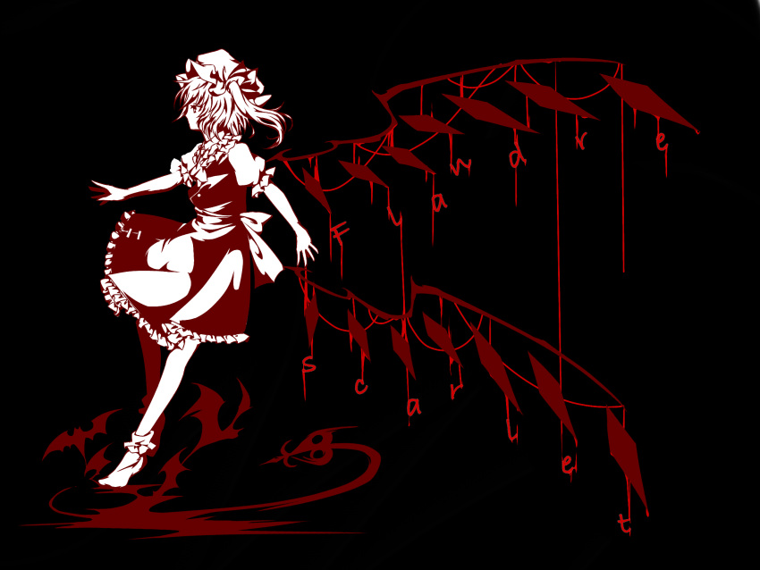 1girl ascot bat_(animal) black_background character_name crystal_wings debiru_takako flandre_scarlet from_side full_body hat highres mob_cap side_ponytail simple_background solo touhou