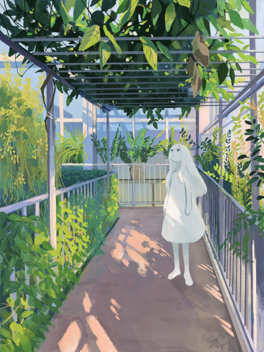 1girl arms_at_sides artist_name barefoot blue_eyes colored_skin commentary_request day dress highres long_hair looking_up no_nose no_sclera open_mouth original outdoors plant railing signature solo standing sugita_magari white_dress white_hair white_skin