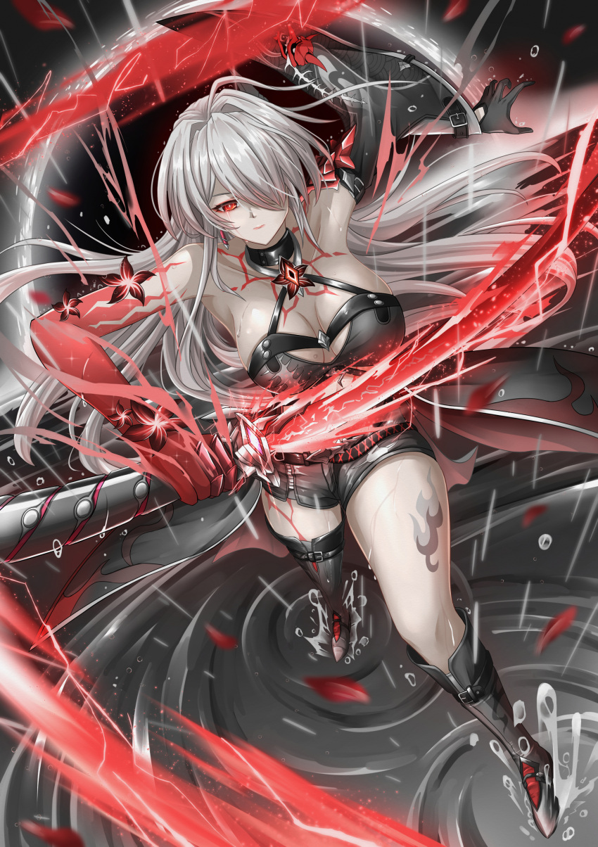 1girl absurdres acheron_(honkai:_star_rail) armor asymmetrical_footwear belt black_belt black_choker black_coat black_gloves black_hole black_shorts body_markings breasts bright_pupils buckle choker cleavage coat crying crying_with_eyes_open flower gloves glowing glowing_weapon hair_over_one_eye highres holding holding_sword holding_weapon honkai:_star_rail honkai_(series) katana large_breasts leg_tattoo looking_ahead markings official_alternate_color rain red_eyes red_flower shorts shoulder_armor single_bare_shoulder single_glove solo sword tattoo tears thighs troy_(oxaa01ex) wading water water_drop weapon wet white_hair white_pupils