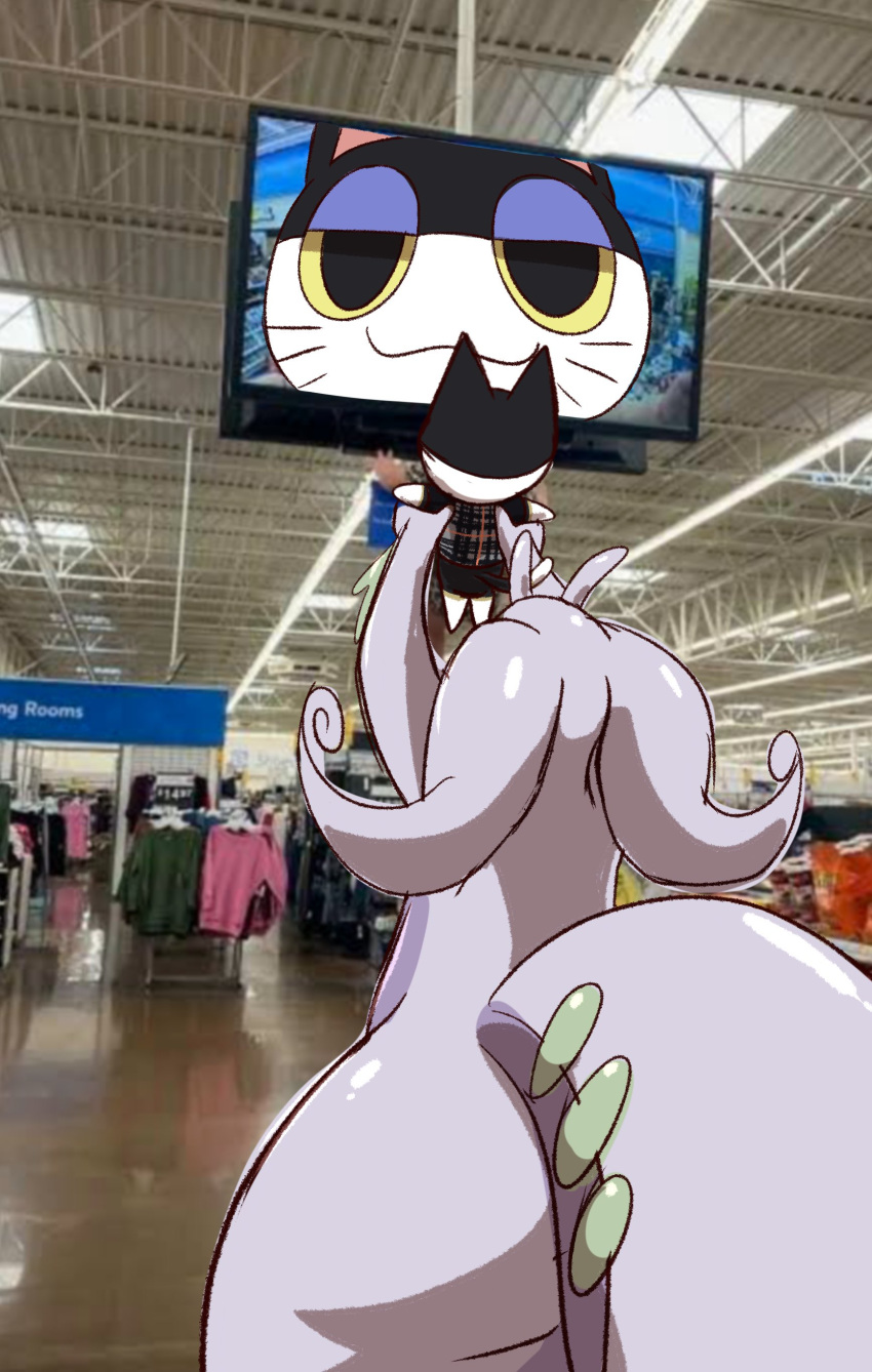 2024 absurd_res ambiguous_gender animal_crossing black_body black_eyes clothed clothed_feral clothing duo electronics english_text feral generation_6_pokemon goodra hi_res holding_up holding_up_other_character inside meme monitor multicolored_body nintendo oreon_smol photo_background photography_(artwork) pokemon pokemon_(species) punchy_(animal_crossing) purple_body security security_camera showing_baby_to_a_supermarket_camera size_difference text two_tone_body walmart white_body yellow_sclera