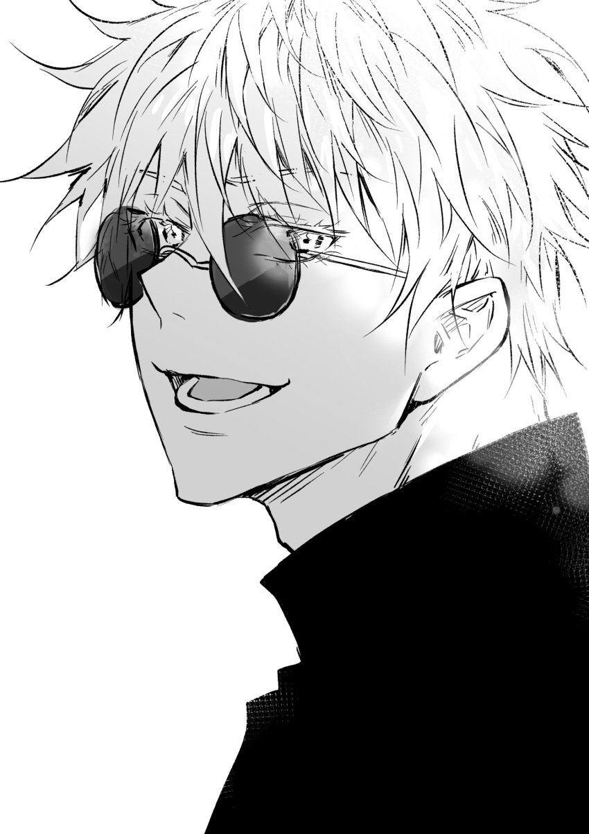 1boy black_jacket close-up gakuran gojou_satoru greyscale happy high_collar highres jacket jujutsu_kaisen looking_at_viewer male_focus monochrome nejmai2 open_mouth portrait round_eyewear school_uniform short_hair sideways_glance simple_background solo sunglasses teeth tongue white_background