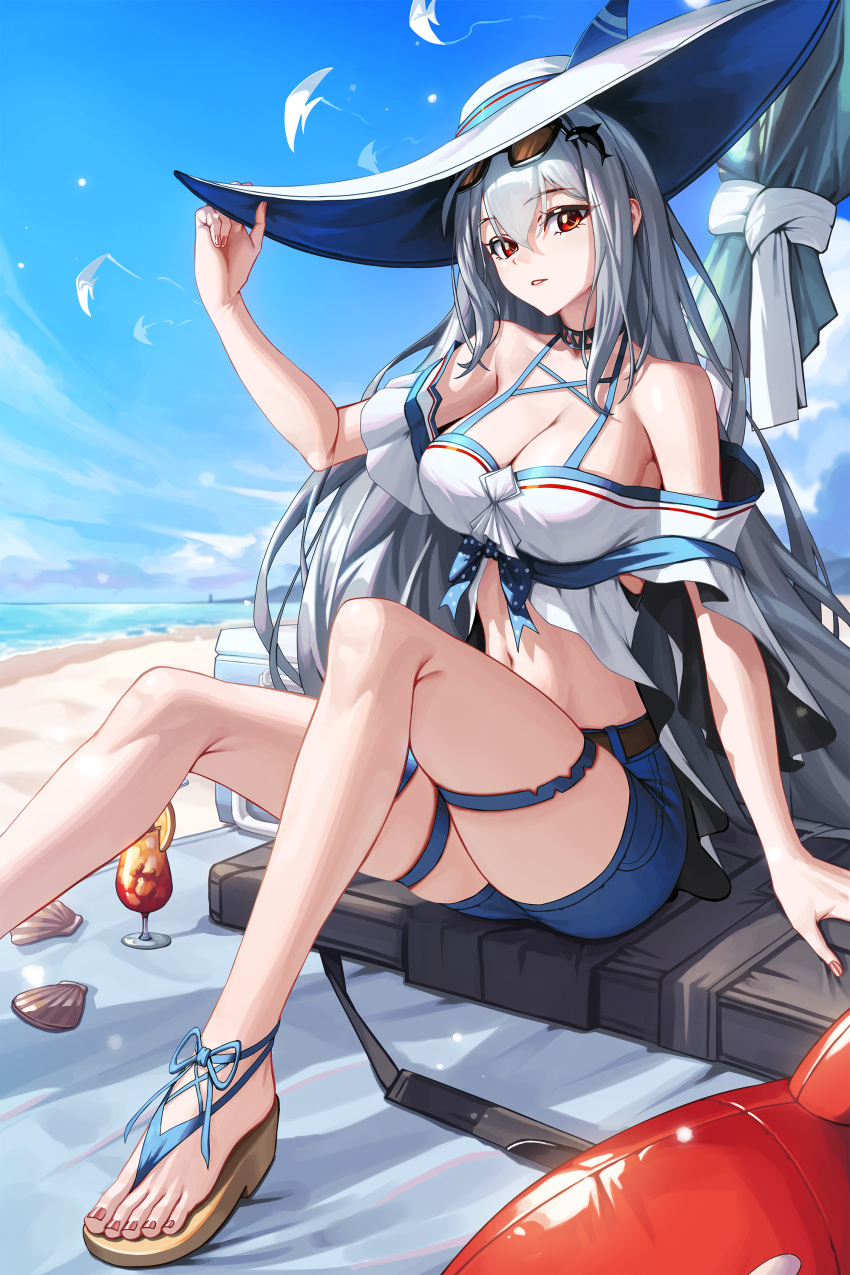 1girl absurdres arknights bare_legs bare_shoulders beach blue_shorts blue_sky bowlp cloud commentary crop_top day grey_hair hat highres long_hair looking_at_viewer midriff navel ocean off-shoulder_shirt off_shoulder parted_lips red_eyes sandals shirt short_shorts short_sleeves shorts sitting skadi_(arknights) skadi_(waverider)_(arknights) sky solo stomach sun_hat thigh_strap very_long_hair water white_hat white_shirt