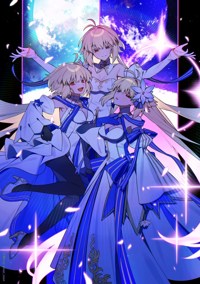 3girls absurdres antenna_hair archetype_earth arcueid_brunestud bare_shoulders blonde_hair breasts cleavage detached_sleeves dress fate/grand_order fate_(series) flower full_moon gloves highres large_breasts long_hair long_skirt looking_at_viewer moon multicolored_clothes multicolored_skirt multiple_girls multiple_persona princess_outfit red_eyes short_hair single_hair_intake skirt smile strapless strapless_dress user_daen8585 very_long_hair white_dress