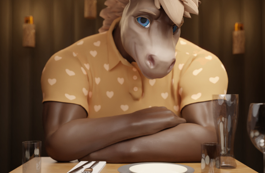 3d_(artwork) 5_fingers anthro atlas_(heat) beverage blue_eyes brown_body clothed clothing container cup cutlery date date_pov digital_media_(artwork) dinner dinner_date dinner_table drinking_glass edef elbow_on_table equid equine eyebrows fingers fork glass glass_container glass_cup heart_clothing heart_symbol heat_(vr_game) hi_res horse kitchen_utensils knife larger_male looking_at_viewer male mammal orange_clothing restaurant romantic shirt size_difference smile solo solo_focus t-shirt tools topwear yan_wiah