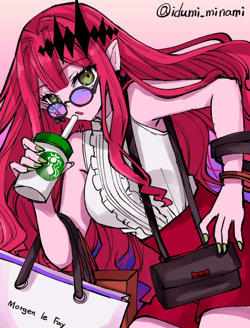 1girl :o bag baobhan_sith_(fate) bare_shoulders breasts center_frills cup drinking_straw earrings fate/grand_order fate_(series) frills green_eyes highres izumi_minami jewelry large_breasts long_hair looking_at_viewer looking_over_eyewear open_mouth pink_hair pointy_ears purple-tinted_eyewear red_shorts round_eyewear shirt shorts shoulder_bag sidelocks sleeveless sleeveless_shirt solo sunglasses thighs tiara tinted_eyewear twitter_username white_shirt