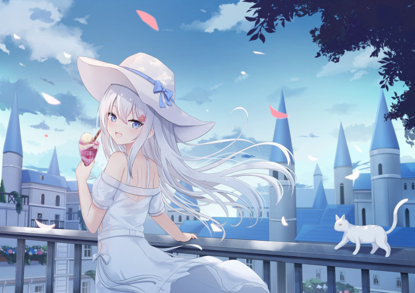 1girl blue_eyes building cat day dress food from_behind hair_between_eyes hat highres ice_cream long_hair looking_at_viewer looking_back open_mouth original outdoors petals solo sundae touhourh white_dress white_hair wind