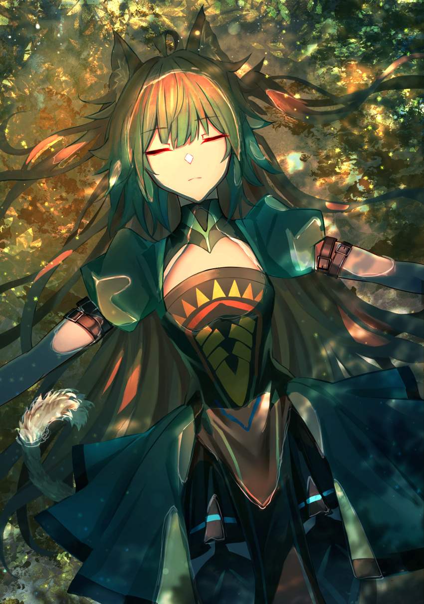 absurdres animal_ears atalanta_(fate) black_gloves black_skirt blonde_hair braid breasts cat_ears cat_tail closed_eyes dress fate/apocrypha fate_(series) french_braid gloves gradient_hair green_dress green_hair highres kaze_minoru_so-ru layered_skirt long_hair lying medium_breasts multicolored_hair on_back pond puffy_short_sleeves puffy_sleeves short_sleeves skirt solo tail thighs water