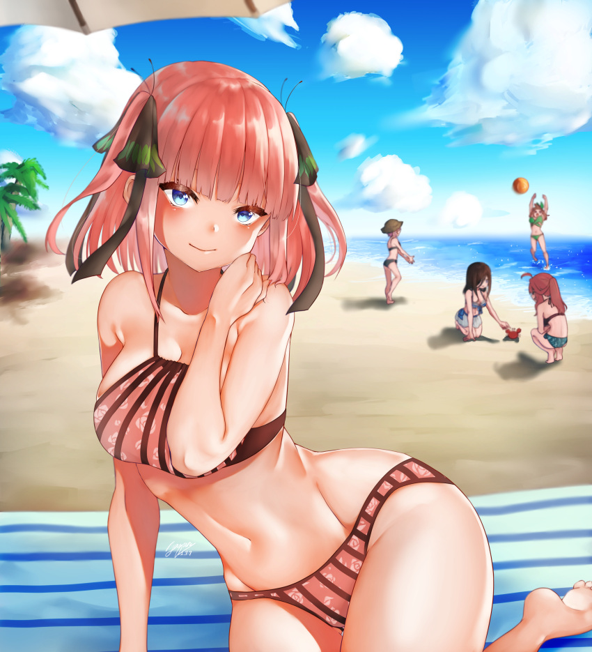 5girls absurdres ball beach beach_towel beach_umbrella beachball bikini black_ribbon blue_bikini blue_eyes blue_sky blunt_bangs breasts brown_hair butterfly_hair_ornament closed_mouth cloud collarbone commentary_request crab floral_print go-toubun_no_hanayome green_bikini hair_ornament hat highres large_breasts long_hair looking_at_viewer multiple_girls nakano_ichika nakano_itsuki nakano_miku nakano_nino nakano_yotsuba navel ocean orange_hair outdoors pink_bikini pink_hair ponytail quintuplets red_hair ribbon sky smile solo_focus striped_bikini striped_clothes sun_hat swimsuit towel umbrella yazune