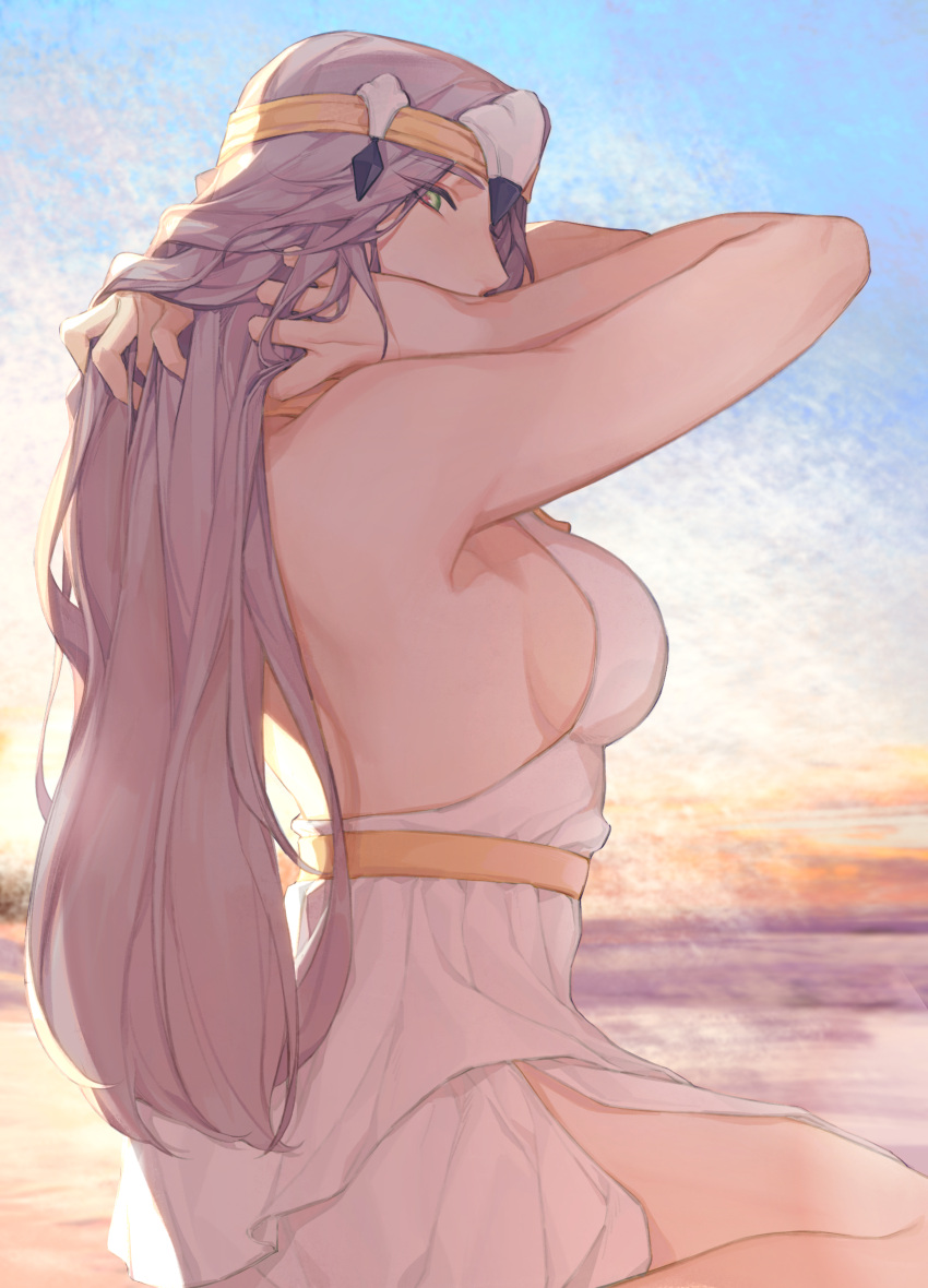 1girl alternate_form bare_arms bare_shoulders belt blue_sky breasts bright_pupils chinese_commentary circlet commentary_request covered_mouth dress feet_out_of_frame final_fantasy final_fantasy_xiv from_side green_eyes grey_hair hands_in_own_hair highres llymlaen long_hair looking_at_viewer looking_back outdoors pink_pupils seiza sideboob sitting sky sleeveless sleeveless_dress solo sunset white_dress wo_dou_gao_shi'er_shennu