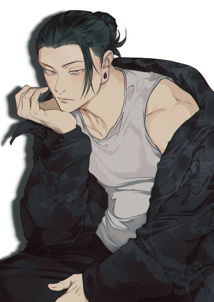 1boy absurdres asian black_hair black_jacket black_pants brown_eyes ceo_aneki closed_mouth earrings elbow_on_thigh feet_out_of_frame getou_suguru hair_bun hand_on_lap hand_on_own_chin head_rest highres jacket jacket_partially_removed jewelry jujutsu_kaisen looking_at_viewer loose_hair_strand pants shadow simple_background single_hair_bun sitting solo stud_earrings tank_top toned toned_male white_background white_tank_top