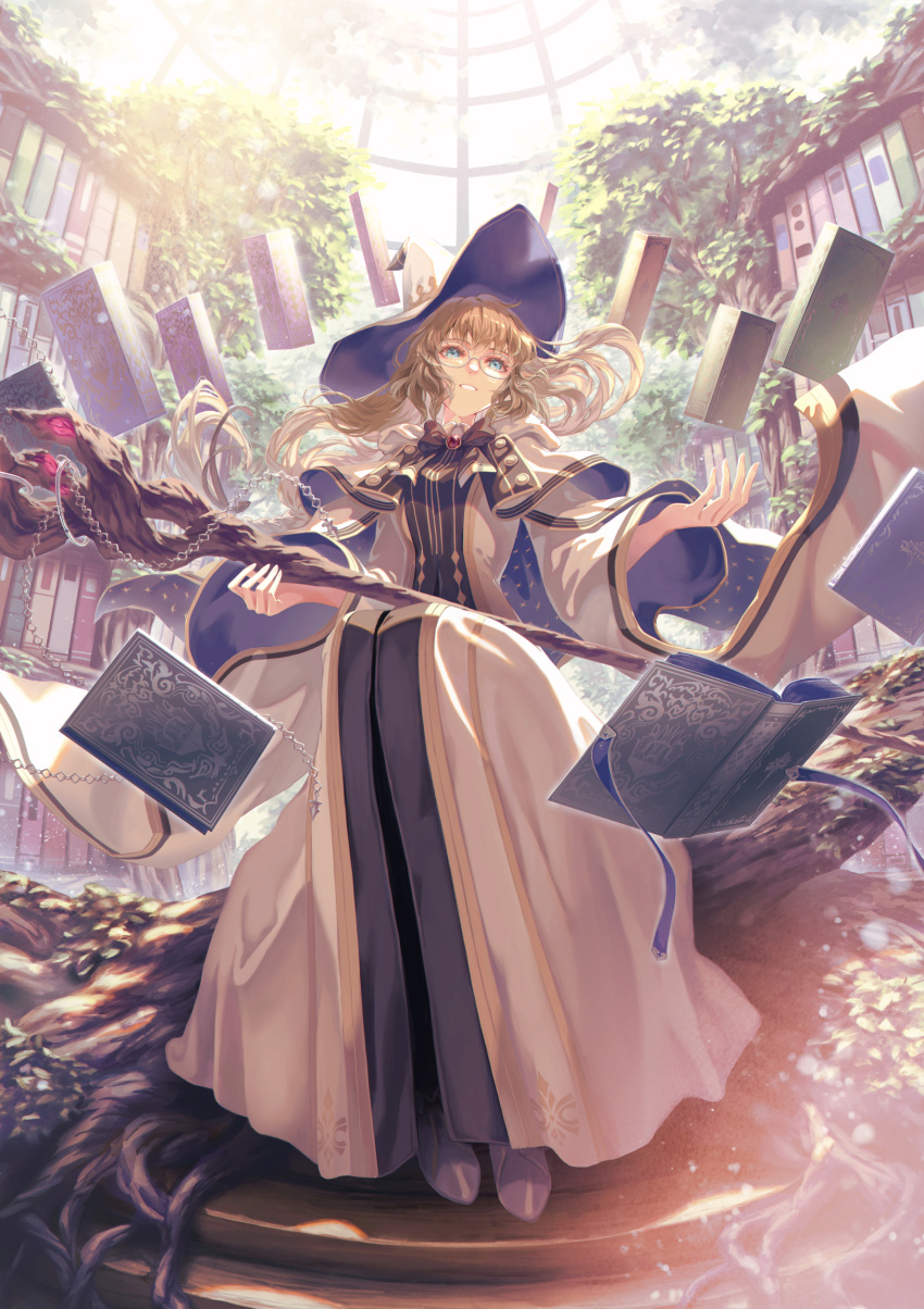 1girl absurdres aesc_(fate) aesc_(rain_witch)_(fate) blonde_hair blue_eyes book fate/grand_order fate_(series) floating floating_book floating_object garutaisa glasses hat highres holding holding_staff library long_hair open_book robe sitting staff white_robe wide_sleeves witch_hat