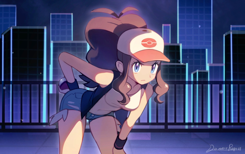 =_(9_yawbus) baseball_cap bent_over black_vest blue_eyes blue_shorts breasts brown_hair city collarbone covered_navel fluffy_hair hand_on_own_ass hand_on_own_leg hat high_ponytail highres hilda_(pokemon) holding holding_poke_ball long_hair medium_breasts night poke_ball pokemon pokemon_bw shirt shorts vest white_shirt