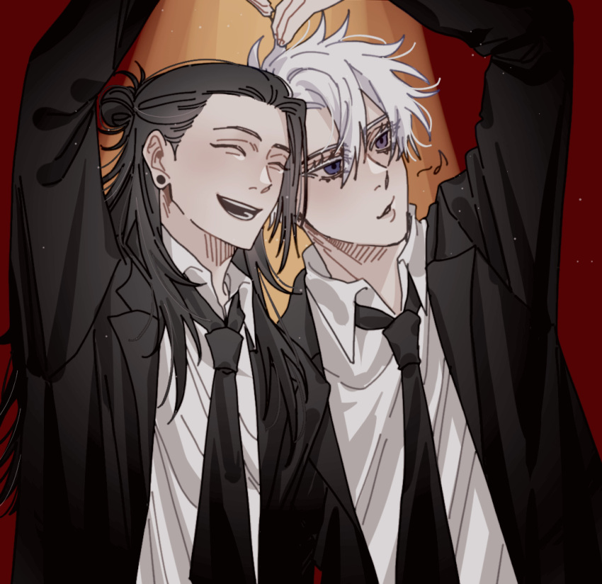 2boys absurdres arm_up black_hair black_jacket black_necktie black_suit blue_eyes closed_eyes couple dress_shirt earrings formal getou_suguru gojou_satoru hair_bun happy heart_arms_duo highres jacket jewelry jujutsu_kaisen leia_front2 long_hair loose_hair_strand male_focus multiple_boys musical_note necktie open_mouth parted_lips shirt short_hair single_hair_bun smile spotlight stage straight_hair stud_earrings suit suit_jacket teeth upper_body white_eyelashes white_hair white_shirt yaoi