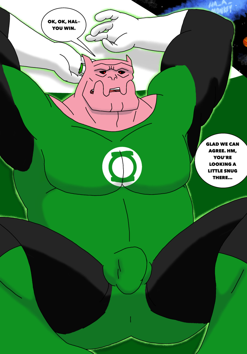 absurd_res bolovaxian bulge clothing dc_comics dialogue green_lantern_(series) ha_a_monkey hi_res kilowog legwear male muscular muscular_male outerspace overweight overweight_male solo spread_legs spreading text tight_clothing tights