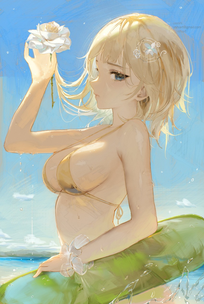 1girl absurdres arm_up artist_name bare_arms bare_shoulders beach bikini blonde_hair blue_sky breasts commentary day dayshiart email_address english_commentary flower from_side hair_ornament halterneck highres holding holding_flower hololive hololive_english innertube large_breasts looking_at_viewer medium_hair ocean outdoors parted_lips profile scrunchie sideways_glance sky solo sparkling_eyes swim_ring swimsuit teeth twitter_username virtual_youtuber water watson_amelia wet white_flower white_scrunchie wrist_scrunchie yellow_bikini