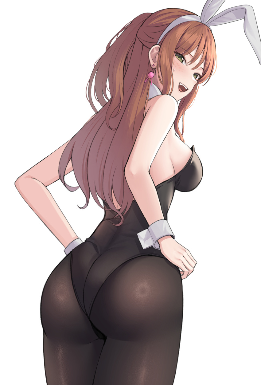 1girl absurdres animal_ears ass bang_dream! bare_arms bare_shoulders black_leotard breasts brown_hair brown_pantyhose commentary detached_collar fake_animal_ears from_behind green_eyes hair_between_eyes hairband half-closed_eyes half_updo hands_on_own_hips highres imai_lisa leotard long_hair looking_at_viewer looking_back medium_breasts open_mouth pantyhose playboy_bunny ptal rabbit_ears simple_background smile solo standing strapless strapless_leotard sweatdrop symbol-only_commentary teeth upper_teeth_only wavy_hair white_background white_hairband wrist_cuffs