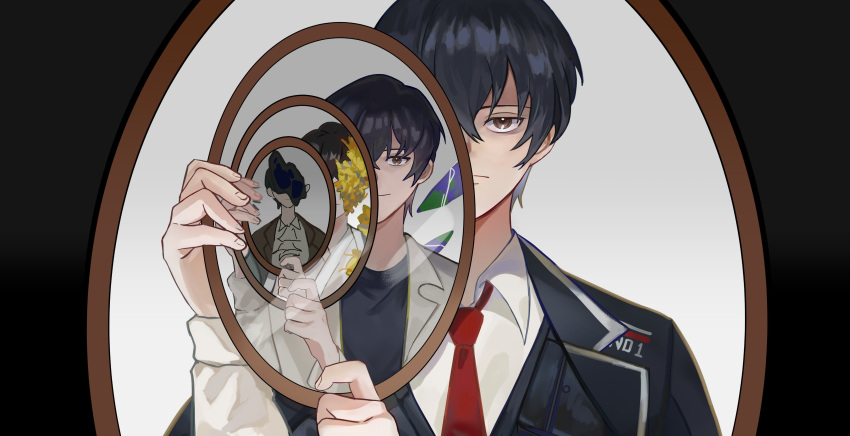 4boys absurdres black_coat black_shirt black_vest coat collared_shirt crystal_wings e.g.o_(project_moon) flower hair_flower hair_ornament hand_mirror highres holding holding_mirror lab_coat limbus_company looking_at_viewer mirror multiple_boys multiple_persona multiple_views nasitelur project_moon reflection sang_yi_(project_moon) shirt vest white_coat white_hanbok white_shirt yi_sang_(project_moon)