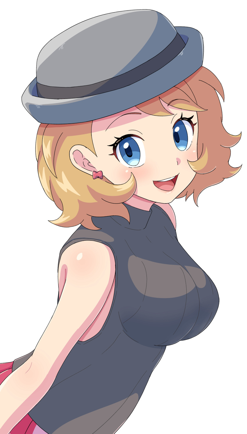 1girl absurdres black_hat black_shirt blonde_hair blue_eyes blush breasts earrings hat highres jewelry looking_at_viewer maho_(corotonton5150) open_mouth pokemon pokemon_(anime) pokemon_xy_(anime) red_skirt serena_(pokemon) shirt short_hair skirt sleeveless sleeveless_shirt smile solo upper_body