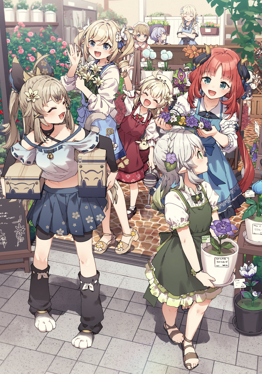 6+girls :d absurdres ahoge barbara_(genshin_impact) black_horns blonde_hair blue_skirt box brown_hair commentary_request crossed_arms flower genshin_impact highres holding holding_box horns kirara_(genshin_impact) klee_(genshin_impact) long_hair looking_at_another lumine_(genshin_impact) midriff multiple_girls nahida_(genshin_impact) navel nilou_(genshin_impact) open_mouth qiqi_(genshin_impact) red_hair skirt smile standing yellow_flower yukie_(kusaka_shi)