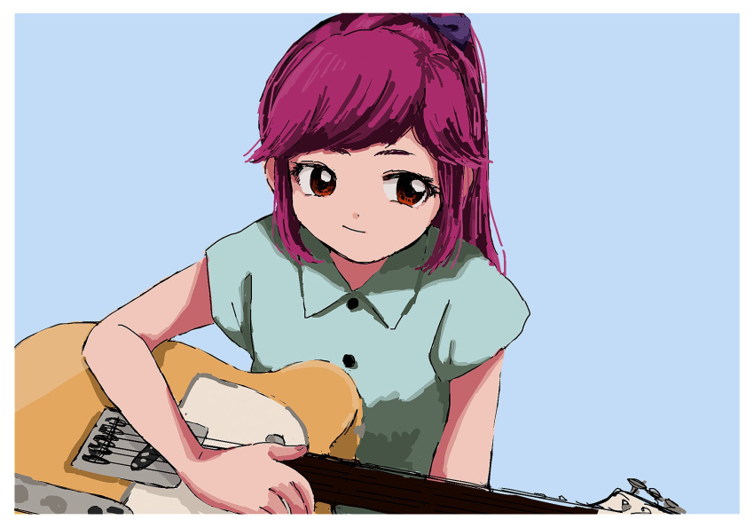 1girl aikatsu! aikatsu!_(series) alternate_costume blue_background blue_shirt border bow closed_mouth collared_shirt commentary_request electric_guitar guitar hair_bow highres holding holding_guitar holding_instrument instrument long_hair looking_to_the_side osouzai-kun otoshiro_seira pink_hair ponytail purple_bow red_eyes shirt sidelocks simple_background smirk solo upper_body white_border