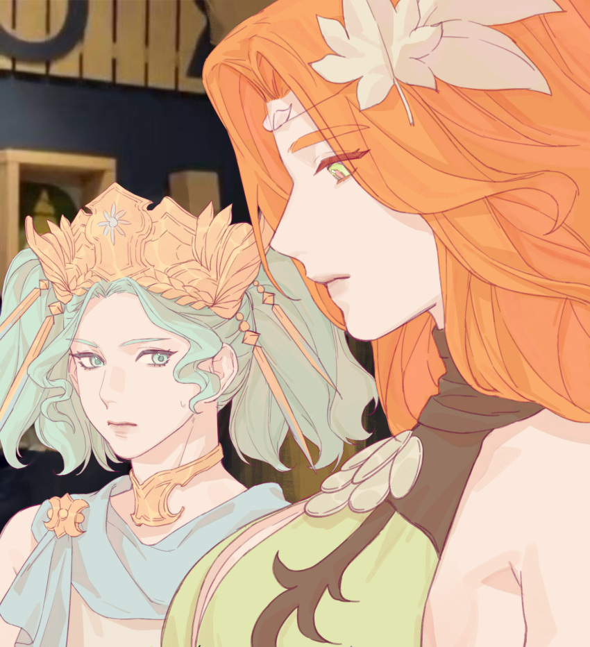 2girls absurdres blue_eyes blue_hair blue_sash breasts chinese_commentary circlet cleavage_cutout clothing_cutout collar commentary_request diadem dress eyes_visible_through_hair final_fantasy final_fantasy_xiv from_side girl_staring_at_guys_chest_(meme) green_dress green_eyes hair_ornament highres leaf_hair_ornament long_hair looking_down meme menphina metal_collar multiple_girls nophica orange_hair photo_background portrait profile sash short_hair short_twintails sleeveless sleeveless_dress sweatdrop twintails wo_dou_gao_shi'er_shennu