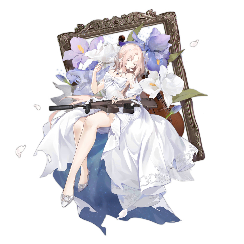 1girl assault_rifle aug_(blue_meditation)_(girls'_frontline) aug_(girls'_frontline) bare_legs blue_gemstone breasts bridal_veil bullpup cello closed_eyes dress flower flower_request full_body gem girls'_frontline gun high_heels highres instrument jewelry long_hair medium_breasts mole mole_under_eye necklace no_socks official_alternate_costume official_art parted_bangs pearl_necklace petal_in_mouth picture_frame puffy_short_sleeves puffy_sleeves rifle ring samail short_sleeves simple_background sitting solo steyr_aug third-party_source torn_clothes torn_dress transparent_background two-sided_dress two-sided_fabric veil very_long_hair weapon wedding_dress white_dress white_flower white_footwear white_hair