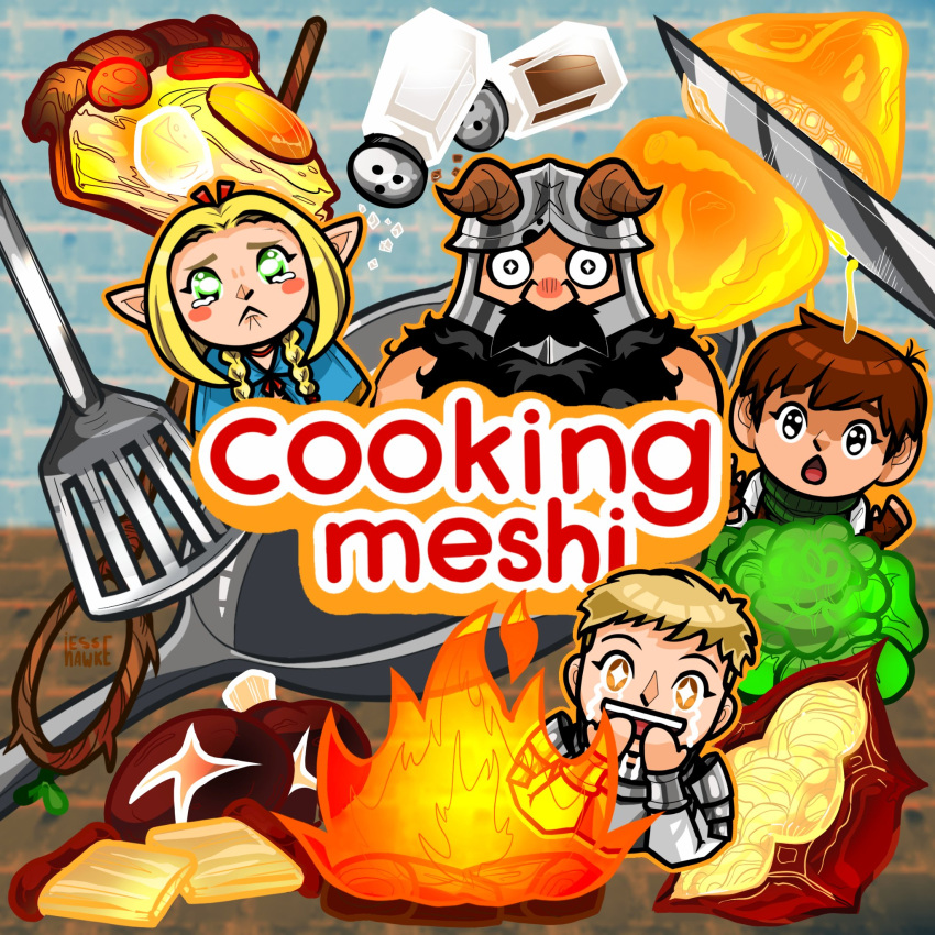 1girl 3boys bread chilchuck_tims cooking cooking_mama dungeon_meshi food frying_pan highres kitchen_knife knife laios_touden looking_at_viewer marcille_donato multiple_boys open_mouth parody salt senshi_(dungeon_meshi) serhawke staff