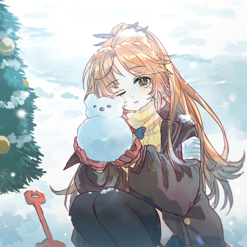 1girl arknights black_thighhighs brown_jacket christmas_tree day feather_hair feet_out_of_frame forehead garter_straps gloves half_updo hansuitianer highres holding_snowman jacket legs_together long_hair long_sleeves looking_at_viewer mole mole_under_eye one_eye_closed open_clothes open_jacket orange_eyes orange_hair outdoors parted_bangs parted_lips pinecone_(arknights) planted planted_shovel ponytail red_gloves ribbed_sweater shovel sidelocks snow snowing snowman solo squatting sweater thighhighs turtleneck turtleneck_sweater yellow_sweater