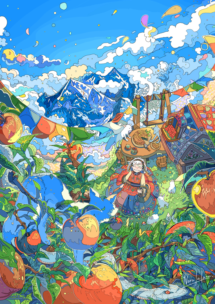 1girl absurdres animal apple basket blue_sky branch building chair closed_eyes cloud colorful commentary_request cup day dress flower food fox fruit grin highres leaf long_sleeves mountain nara_lalana nature original outdoors peel_(tool) pie plant rabbit red_flower scenery signature sky smile snake solo standing string_of_flags swing swing_set table teacup teapot wide_shot wide_sleeves window