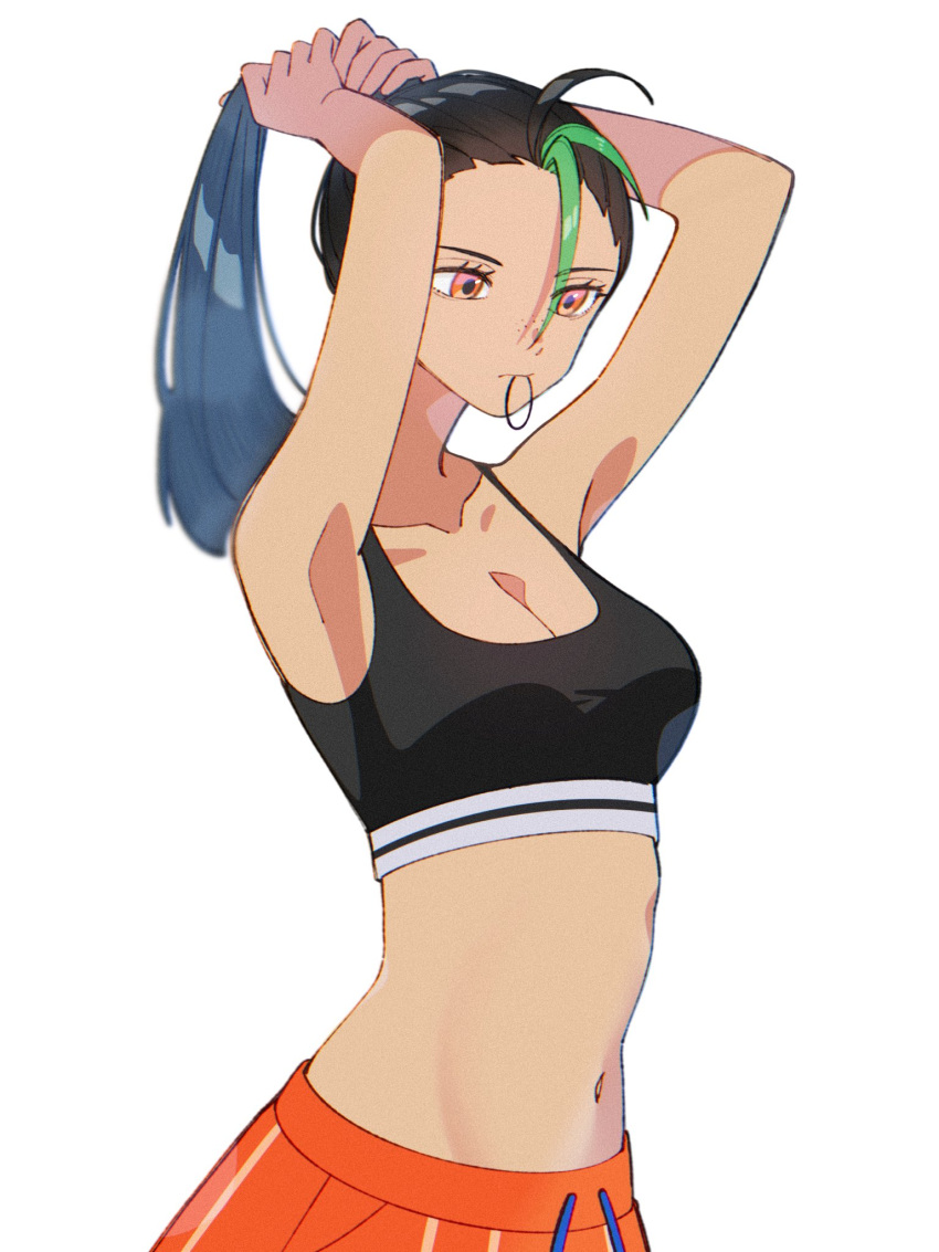 1girl adjusting_hair armpits arms_up black_hair black_sports_bra breasts cleavage collarbone commentary eyelashes freckles green_hair hair_between_eyes hair_tie_in_mouth highres kana_(kanna_runa0620) long_hair looking_down loose_hair_strand medium_breasts midriff mouth_hold multicolored_hair naranja_academy_school_uniform navel nemona_(pokemon) orange_eyes orange_shorts pokemon pokemon_sv ponytail school_uniform shorts solo sports_bra striped_clothes striped_shorts two-tone_hair vertical-striped_clothes vertical-striped_shorts white_background