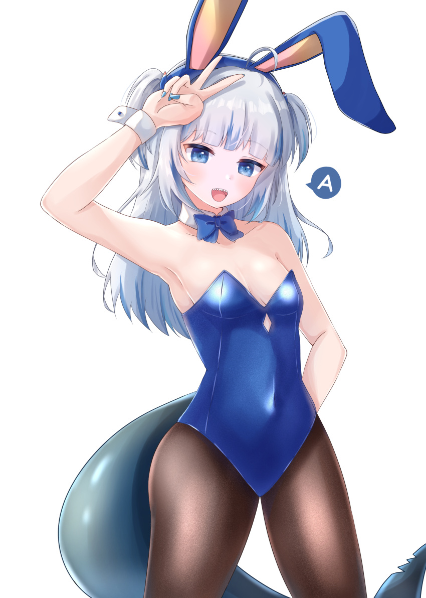 1girl absurdres animal_ears black_pantyhose blue_bow blue_bowtie blue_eyes blue_hair blue_leotard bow bowtie covered_navel cowboy_shot detached_collar fins fish_tail gawr_gura grey_hair highres hololive hololive_english leotard multicolored_hair pantyhose playboy_bunny rabbit_ears shark_girl shark_tail sharp_teeth simple_background solo strapless strapless_leotard streaked_hair suzuka_(suzukawu) tail teeth two_side_up v virtual_youtuber white_background wrist_cuffs