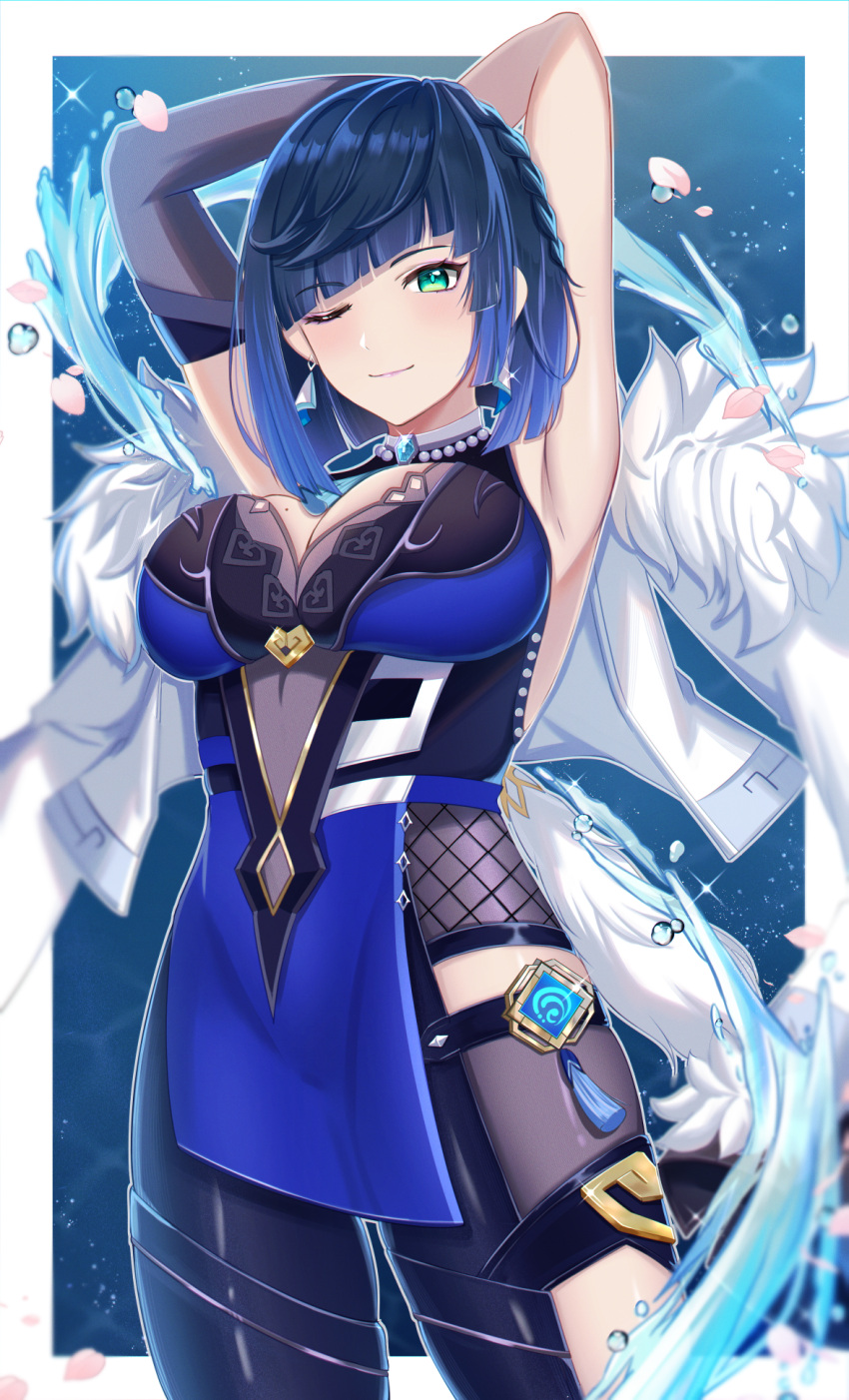 1girl ;) armpits arms_up bare_shoulders black_pants blue_dress blue_hair blunt_bangs breasts cleavage cocoa_11vv commentary cowboy_shot dress earrings fur-trimmed_jacket fur_trim genshin_impact green_eyes highres jacket jewelry large_breasts leggings looking_at_viewer one_eye_closed pants purple_lips short_hair sleeveless sleeveless_dress smile solo standing thighs white_jacket yelan_(genshin_impact)