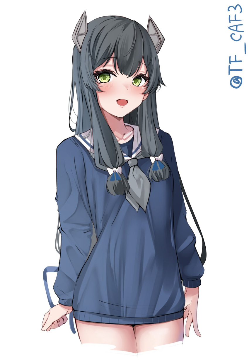 1girl black_hair blue_cardigan blush cardigan green_eyes hair_between_eyes hair_ribbon headgear highres i-47_(kancolle) kantai_collection long_hair low-tied_long_hair neckerchief official_alternate_costume open_mouth ribbon sailor_collar smile solo tf_cafe tress_ribbon twitter_username white_background white_sailor_collar