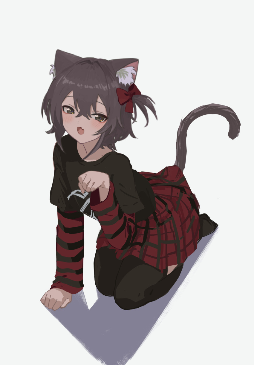 1girl absurdres animal_ears arm_support black_shirt black_thighhighs bow brown_eyes brown_hair cat_ears cat_girl cat_tail hair_bow hair_intakes hand_up high-waist_skirt highres kgt_(pixiv12957613) layered_shirt leaning_forward long_sleeves looking_at_viewer miniskirt no_shoes one_side_up original paw_pose plaid plaid_skirt pleated_skirt print_shirt red_bow red_shirt red_skirt seiza shadow shirt shirt_tucked_in short_hair sidelocks simple_background sitting skirt solo striped_clothes striped_shirt tail thighhighs two-tone_shirt white_background