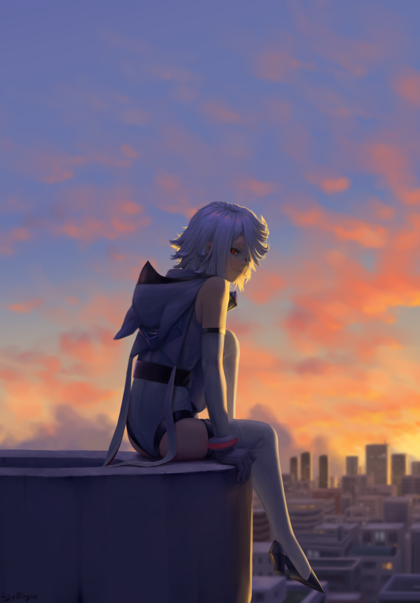 1girl absurdres ass bare_shoulders belt blush ellinyse gloves grey_hair high_heels highres hood hood_down knee_up leotard looking_at_viewer outdoors short_hair shy_(character) shy_(series) sitting smile solo sunset