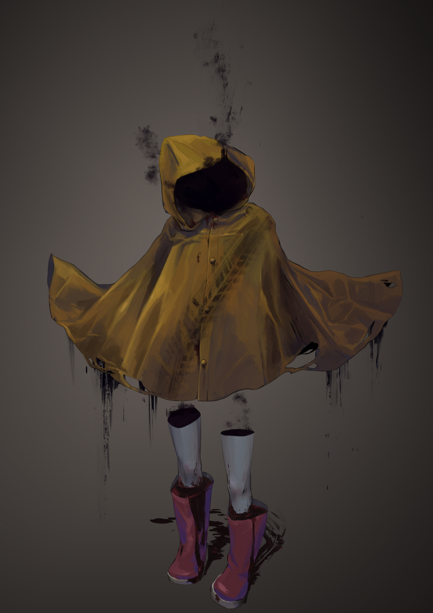 1girl absurdres blood boots buttons full_body ghost grey_background highres hood hood_up horror_(theme) invisible original purple_footwear raincoat rubber_boots skid_mark smoke solo standing syourinusk thighhighs white_thighhighs yellow_raincoat