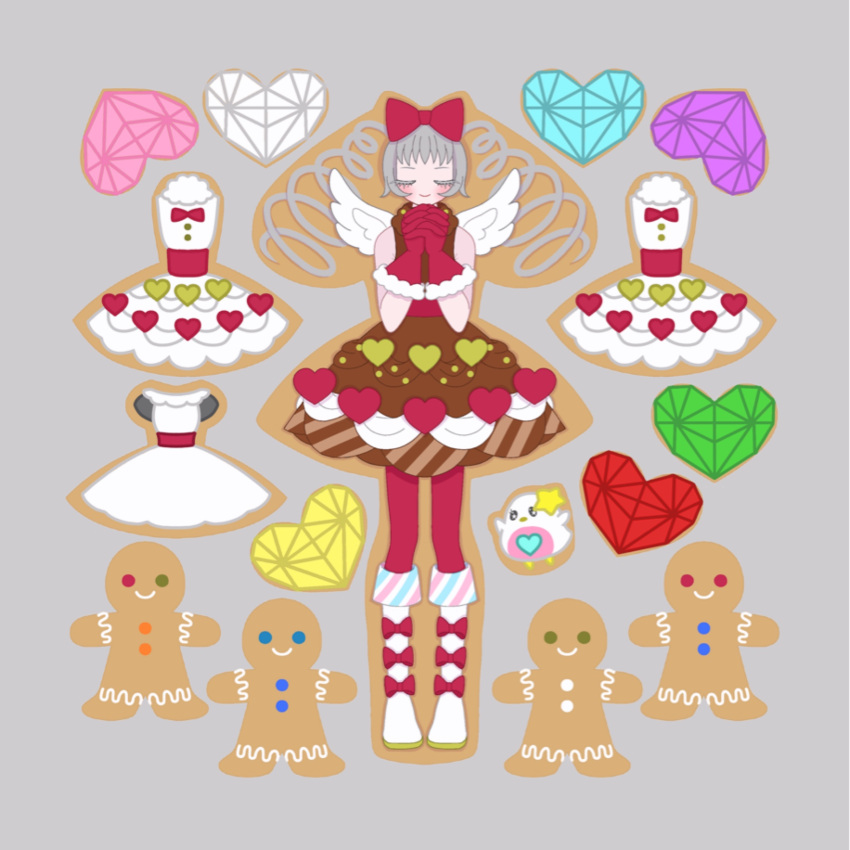 1girl amou_june boots bow brown_dress closed_eyes closed_mouth commentary_request dress drill_hair facing_viewer full_body gingerbread_man grey_background grey_hair hair_bow hands_up heart heart_print highres interlocked_fingers knee_boots long_hair nyaasechan own_hands_together pretty_rhythm pretty_series red_bow smile solo standing starn_(pretty_rhythm) straight-on twin_drills white_dress white_footwear white_wings wings
