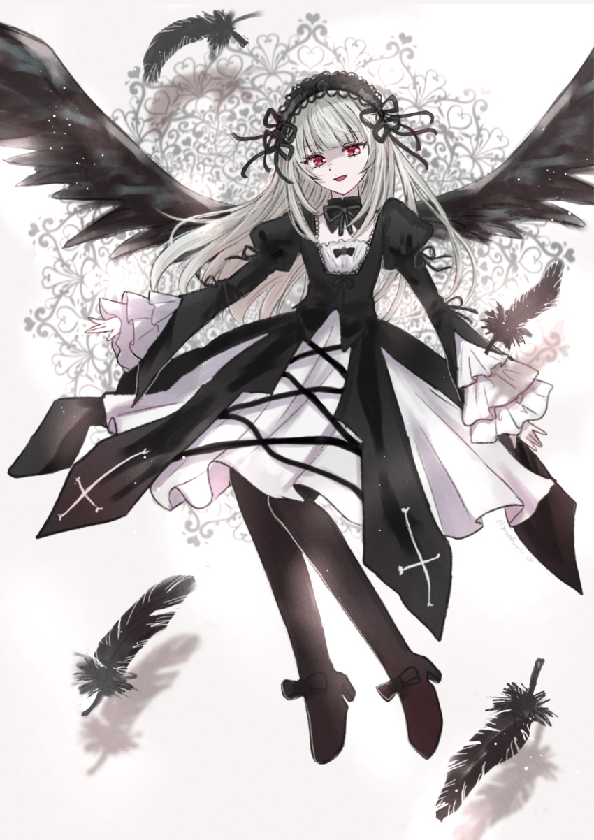 1girl black_dress black_feathers black_wings dress feathered_wings feathers frilled_sleeves frills full_body gothic_lolita grey_hair hairband highres juliet_sleeves lolita_fashion lolita_hairband long_hair long_sleeves parted_lips pine_(pineapple5459) puffy_sleeves red_eyes rozen_maiden smile solo suigintou wings