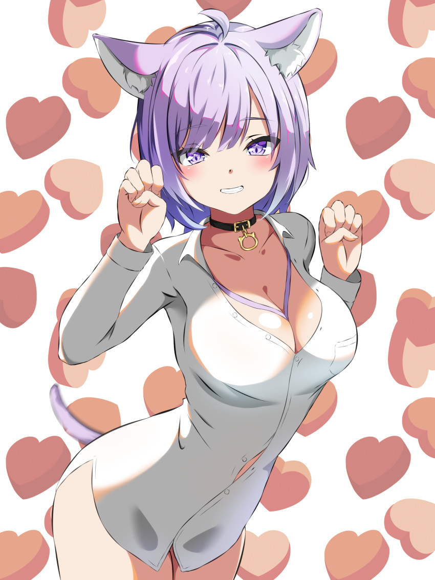 1girl absurdres ahoge animal_collar animal_ear_fluff animal_ears arms_up black_collar blush breasts button_gap cat_ears cat_girl cat_tail claw_pose cleavage collar heart heart_background highres hololive large_breasts long_sleeves looking_at_viewer loose_neck_ribbon lop_eared_r naked_shirt nekomata_okayu nekomata_okayu_(oversized_shirt) no_panties official_alternate_costume partially_unbuttoned purple_eyes purple_hair purple_ribbon ribbon shirt short_hair smile solo tail virtual_youtuber white_shirt