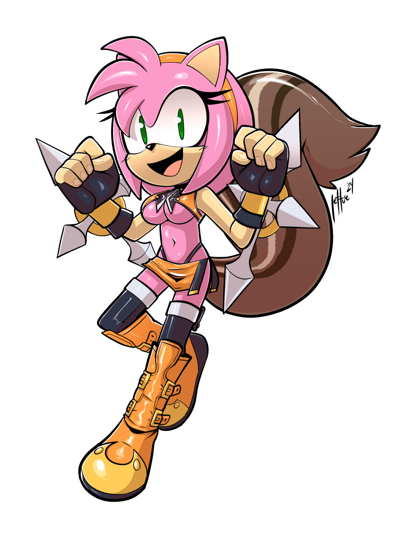 2024 absurd_res amy_rose anthro arc_system_works big_breasts blazblue breasts cosplay crossover crossover_cosplay eulipotyphlan female green_eyes hedgehog hi_res lettuce_(artist) makoto_nanaya mammal navel sega signature smile solo sonic_the_hedgehog_(series) squirrel_tail tail under_boob voice_actor_joke