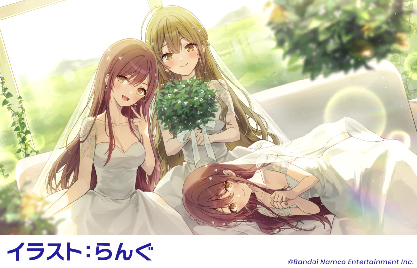 3girls ahoge alstroemeria_(idolmaster) alternate_hairstyle bare_shoulders blush bouquet breasts bride brown_eyes brown_hair cleavage clenched_hands closed_mouth collarbone dress flower hair_down hair_ornament highres holding holding_bouquet huge_ahoge idolmaster idolmaster_shiny_colors kuwayama_chiyuki lap_pillow long_hair looking_at_viewer lying lying_on_lap lying_on_person medium_breasts multiple_girls on_side open_mouth osaki_amana osaki_tenka rangu red_hair siblings sisters sitting smile strapless strapless_dress swept_bangs twins v veil wavy_hair wedding wedding_dress white_dress white_flower yellow_eyes