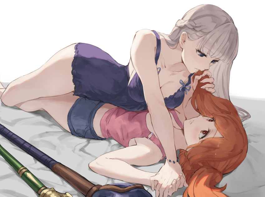 2girls bare_shoulders bed bed_sheet blue_eyes blush braid breasts cleavage dress facial_hair french_braid girl_on_top grabbing_another's_hair grey_hair highres holding_hands jojobirdz kanne_(sousou_no_frieren) lawine_(sousou_no_frieren) long_hair lying lying_on_person mage_staff medium_breasts multiple_girls nightgown on_back on_bed red_hair short_shorts shorts simple_background small_breasts sousou_no_frieren tank_top thighs yuri